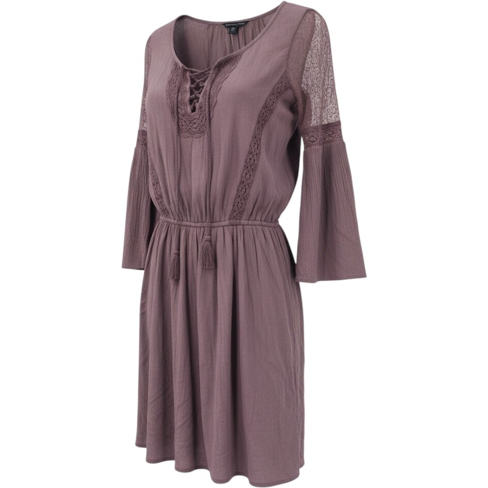 American Eagle Boho Lace Up Tassel Mini Dress Mauve Purple Bell Sleeve XS